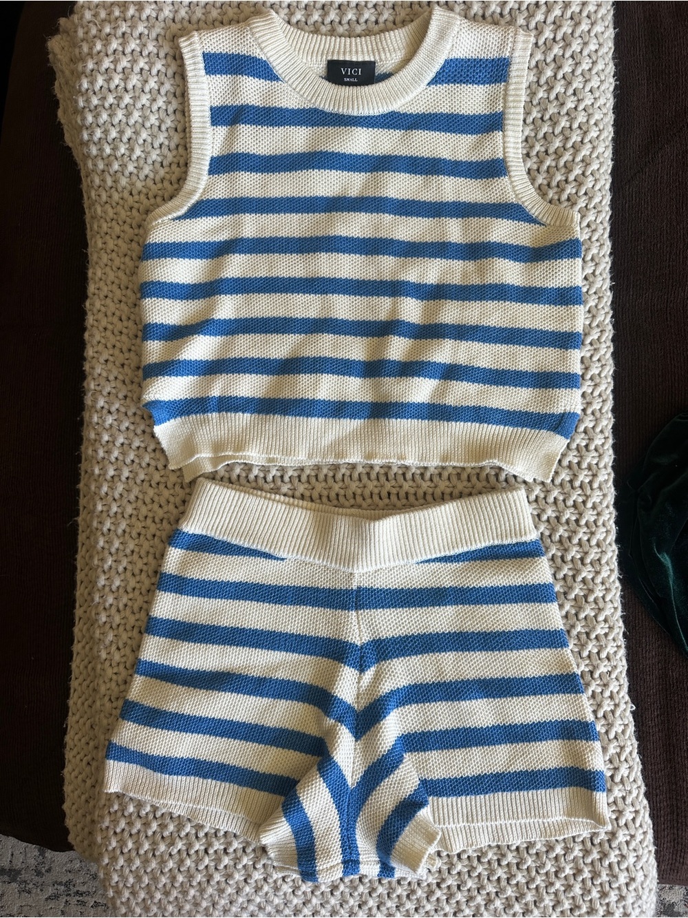 Vici Cream and Blue Striped Knit Sweater and Shorts Set